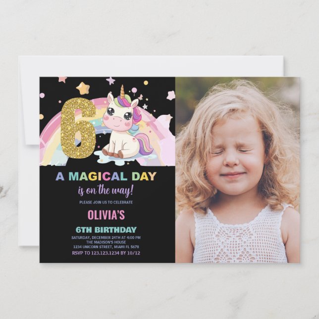 6th Birthday Unicorn Birthday Invitations photo (Front)