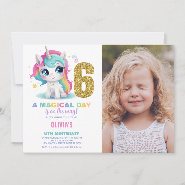 6th Birthday Unicorn Birthday Invitations photo (Front)