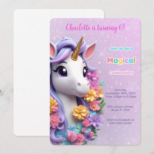 6th Birthday Unicorn  Invitation (Front/Back)