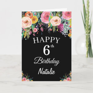 6th Birthday Watercolor Floral Flowers Black Card