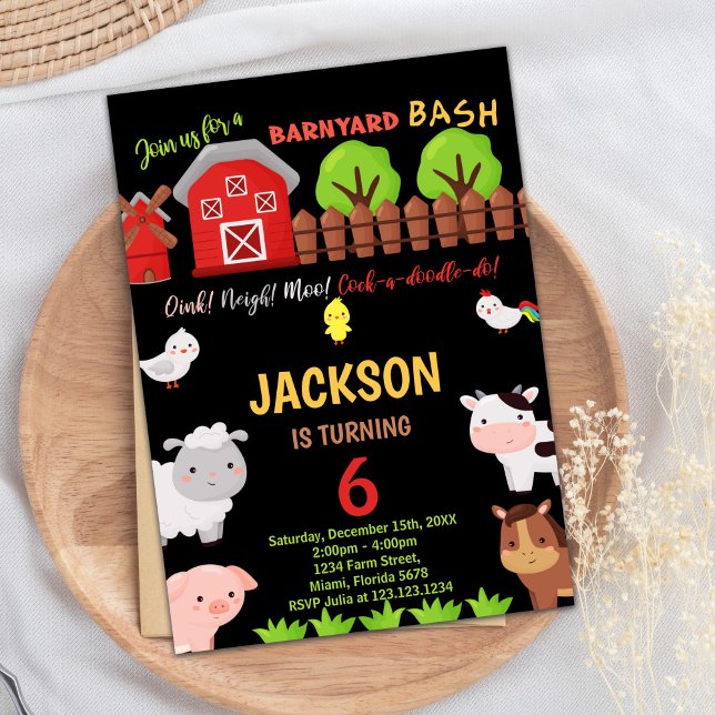6th Black Red Farm Animals Birthday Invitations (6th Black Red Farm Animals Birthday Invitations)