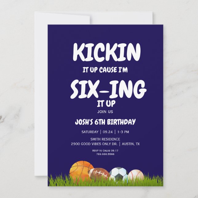 6th Boy's Kickin it Up Blue Birthday Party  Invitation (Front)