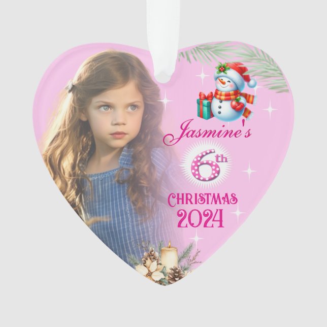 6th Christmas Personalized Girl Photo Heart Gift  Ornament (Front)