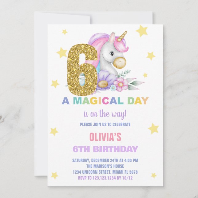 6th Floral Unicorn Birthday Invitations (Front)