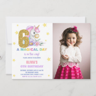 6th Floral Unicorn Birthday Invitations with Photo