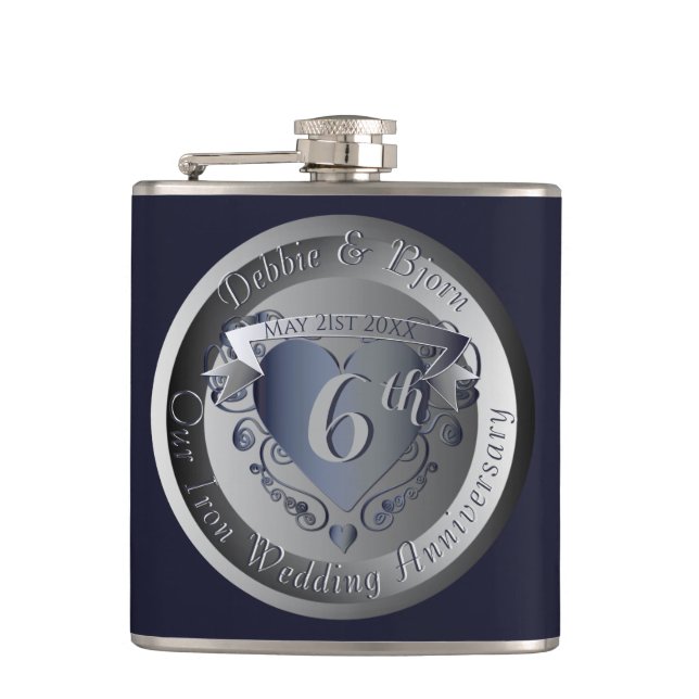 6th Iron Wedding Anniversary Medallion Hip Flask (Front)