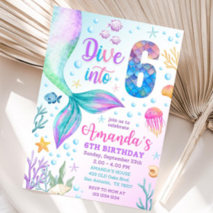 6th mermaid invitation, Dive into six mermaid invi Invitation