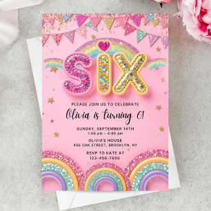 6th Pink Birthday Invitation Girl, 6th Pink Rainbo