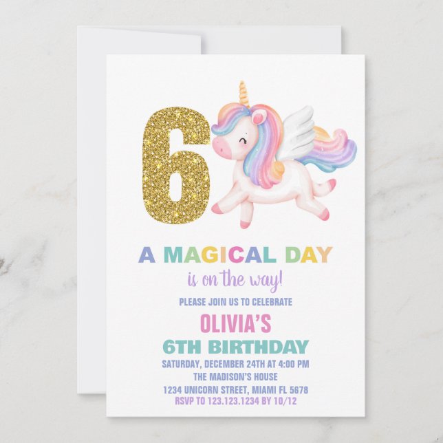 6th Rainbow Unicorn Birthday Invitations (Front)