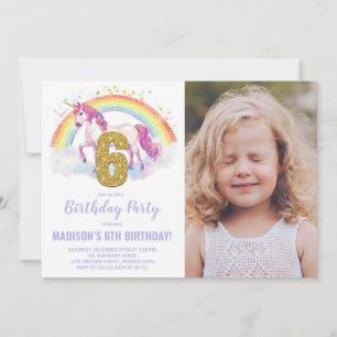 6th Rainbow Unicorn Birthday Invitations photo