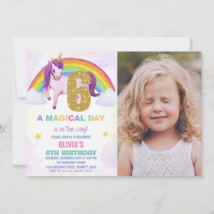 6th Rainbow Unicorn Birthday Invitations w photo