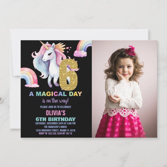 6th Rainbow Unicorn Birthday Invitations w photo (Front)