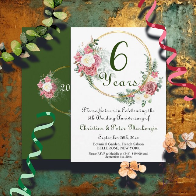 6th Sugar Wedding Anniversary Roses Gold Frame Invitation (Creator Uploaded)