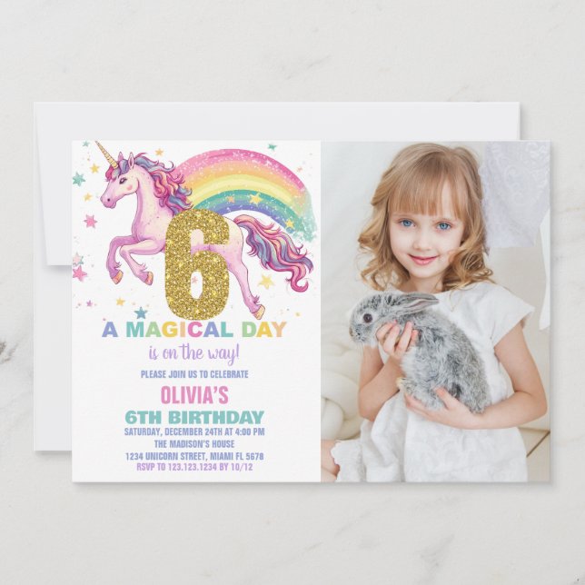 6th Unicorn Birthday Invitations with picture (Front)