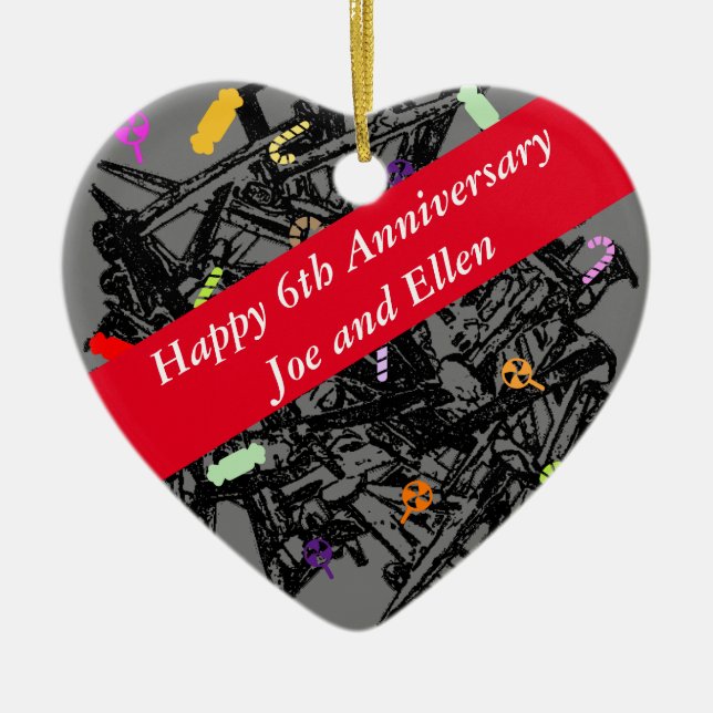 6th Wedding Anniversary, Nails and Candy, heart Ceramic Tree Decoration (Front)