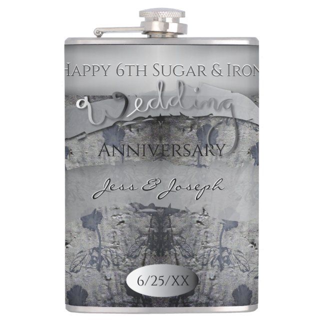 6th Wedding Anniversary Sugar and Iron Hip Flask (Front)