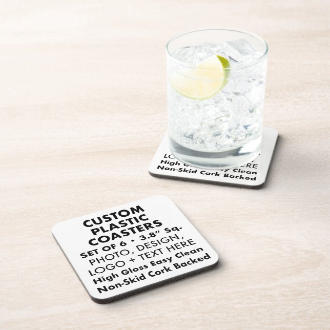 6x Custom Personalised Plastic Coasters, Cork Back Coaster (Right Side)