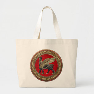 [700] Assyrian Winged Bull: Gold and Black Lamassu Large Tote Bag