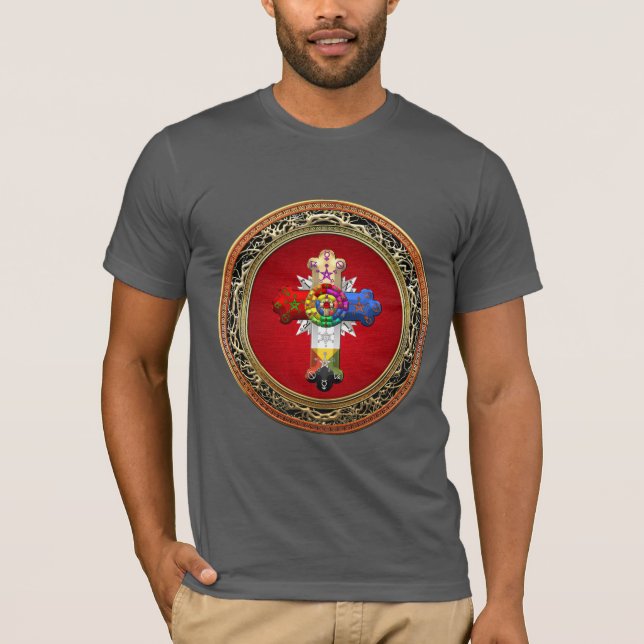 [700] Rosy Cross (Rose Croix) on Red & Gold T-Shirt (Front)