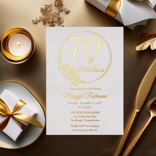 70 and Fabulous 70th Birthday Party Stamped (Simply Elegant Rose Wreath "70 and Fabulous" 70th Birthday Party Stamped Foil Invitation)