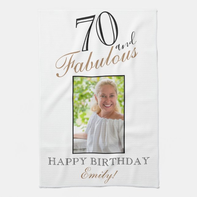 70 and Fabulous Elegant 70th Birthday Photo Tea Towel (Vertical)
