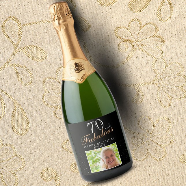 70 and Fabulous Elegant Black Photo 70th Birthday Sparkling Wine Label (Creator Uploaded)