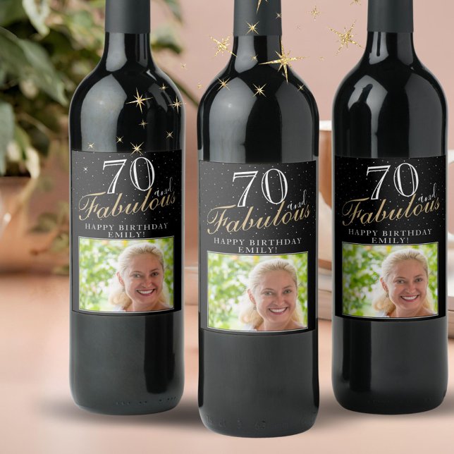 70 and Fabulous Elegant Black Photo 70th Birthday Wine Label (Creator Uploaded)