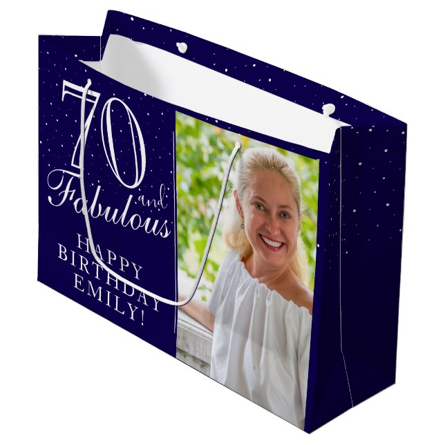 70 and Fabulous Elegant Blue 70th Birthday Photo Large Gift Bag (Front Angled)
