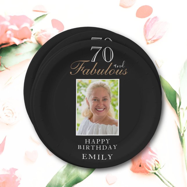 70 and Fabulous Elegant Script Photo 70th Birthday Paper Plate (Creator Uploaded)