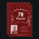70 and Fabulous Foliage Red 70th Birthday Photo Invitation<br><div class="desc">70 and Fabulous Foliage Red 70th Birthday Photo Invitation. 70 and fabulous text in trendy white script with a name,  photo and white foliage on a dark red background.</div>