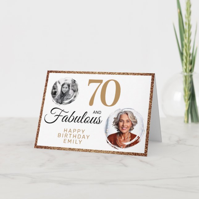 70 and Fabulous Gold Glitter 2 Photo 70th Birthday Card (Front)
