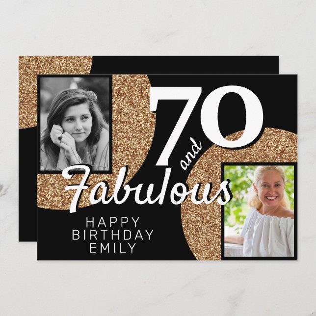 70 and Fabulous Gold Glitter 2 Photo 70th Birthday Card (Front/Back)