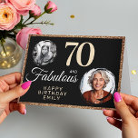 70 and Fabulous Gold Glitter 2 Photo 70th Birthday Card<br><div class="desc">70 and Fabulous Gold Glitter 2 Photo 70th Birthday Greeting Card. Faux gold glitter on black with 2 photos - you can use an old and new photo. Add your name,  age and text inside or erase it.</div>