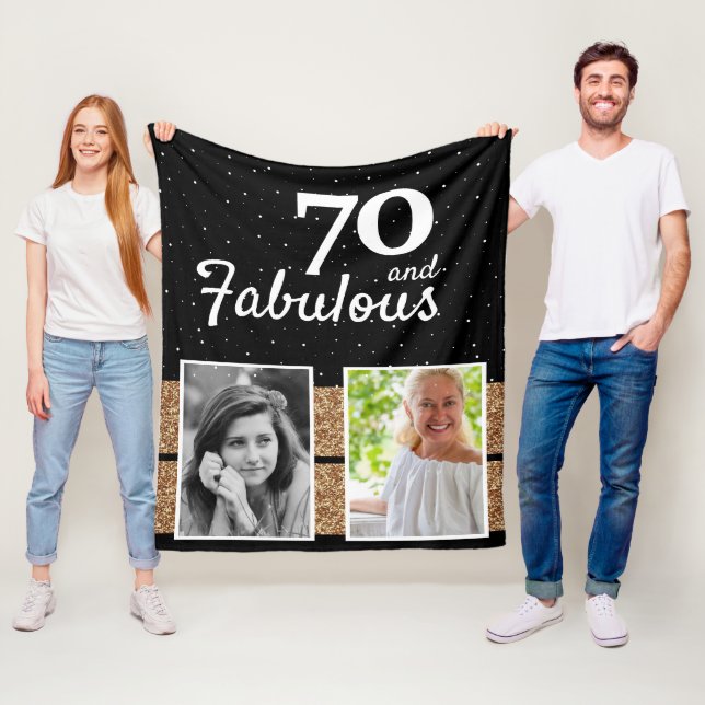 70 and Fabulous Gold Glitter 2 Photo 70th Birthday Fleece Blanket (In Situ)