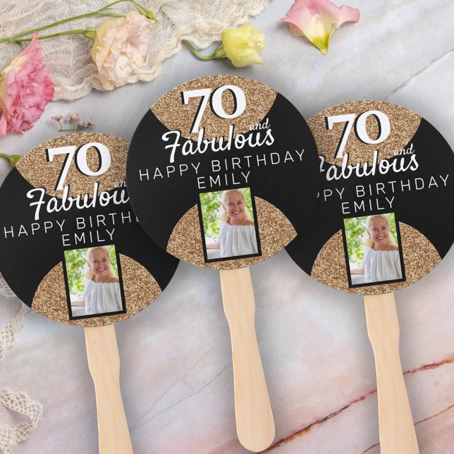 70 and Fabulous Gold Glitter 2 Photo 70th Birthday Hand Fan (Creator Uploaded)