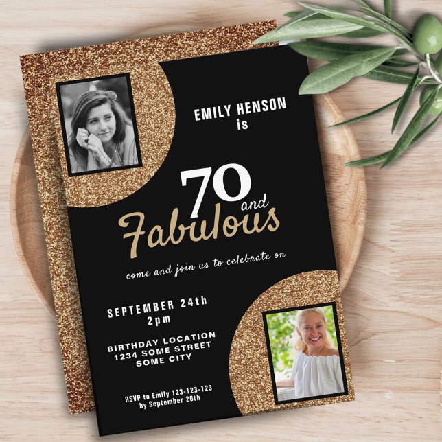 70 and Fabulous Gold Glitter 2 Photo 70th Birthday Invitation (Creator Uploaded)