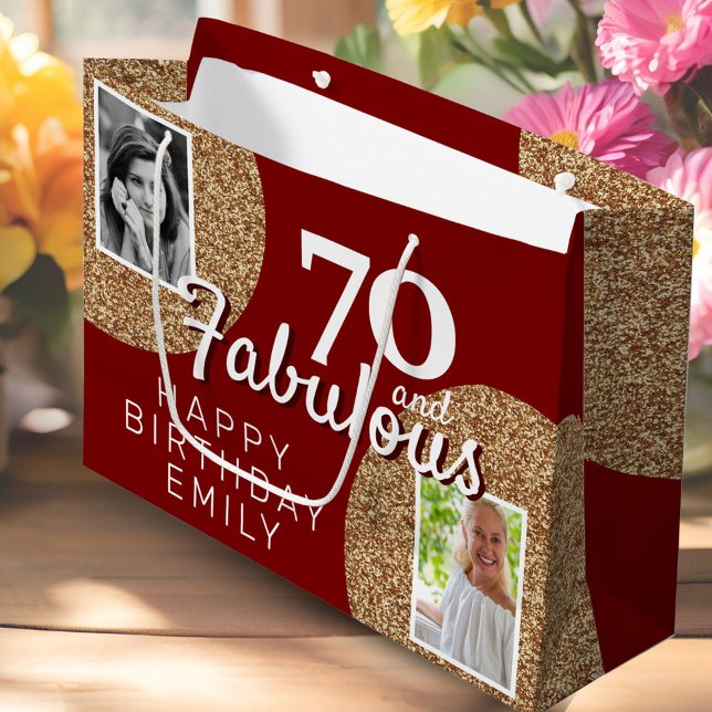70 and Fabulous Gold Glitter 2 Photo 70th Birthday Large Gift Bag (Creator Uploaded)