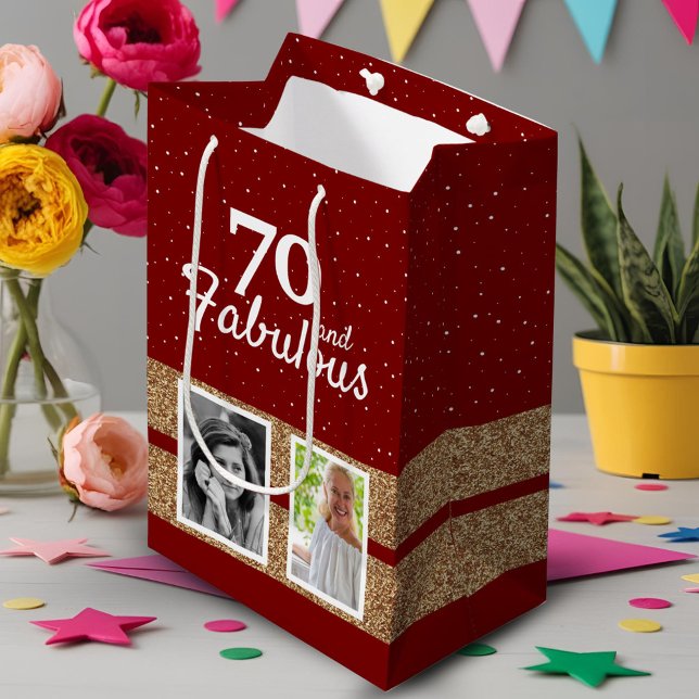 70 and Fabulous Gold Glitter 2 Photo 70th Birthday Medium Gift Bag (Creator Uploaded)