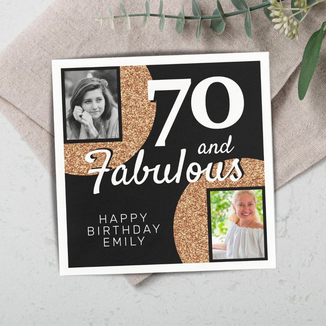 70 and Fabulous Gold Glitter 2 Photo 70th Birthday Napkin (Creator Uploaded)