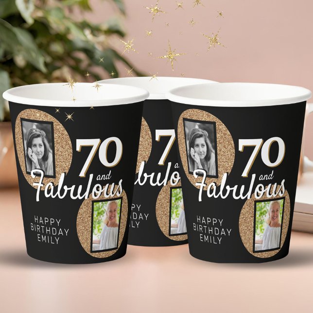 70 and Fabulous Gold Glitter 2 Photo 70th Birthday Paper Cups (Creator Uploaded)