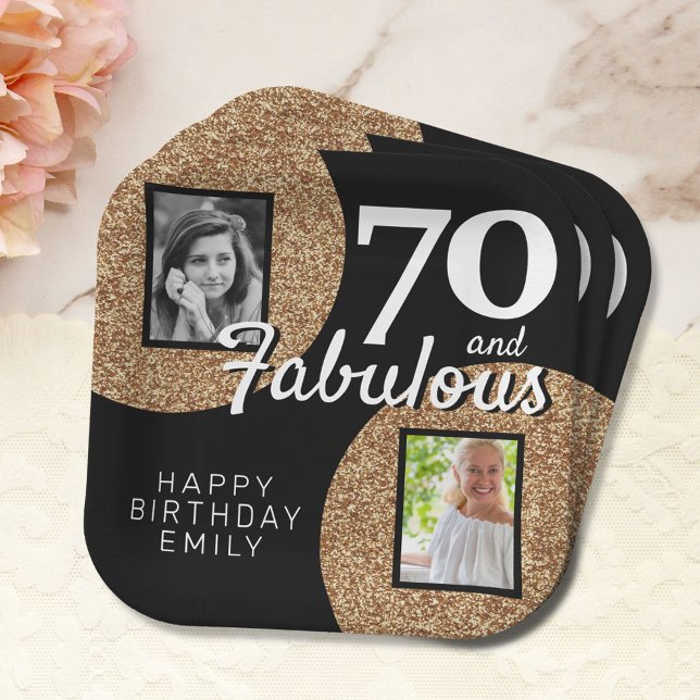 70 and Fabulous Gold Glitter 2 Photo 70th Birthday Paper Plate (Creator Uploaded)