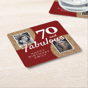 70 and Fabulous Gold Glitter 2 Photo 70th Birthday Square Paper Coaster