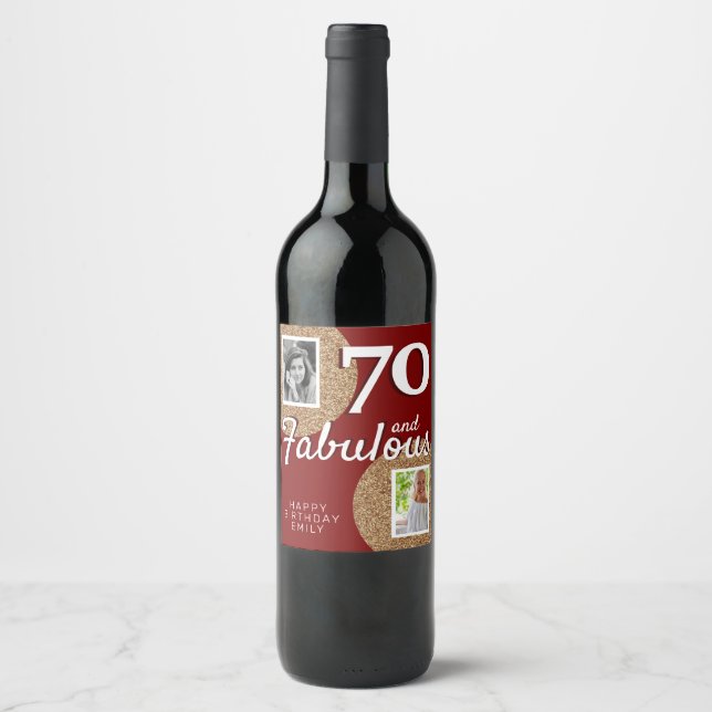 70 and Fabulous Gold Glitter 2 Photo 70th Birthday Wine Label (Front)