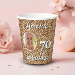 70 and Fabulous Gold Glitter 70th Birthday Photo Paper Cups<br><div class="desc">70 and Fabulous Gold Glitter 70th Birthday Photo Paper Cup. Faux gold glitter with a photo in a round frame. 70th birthday party supply for her. Personalise with name and photo.</div>