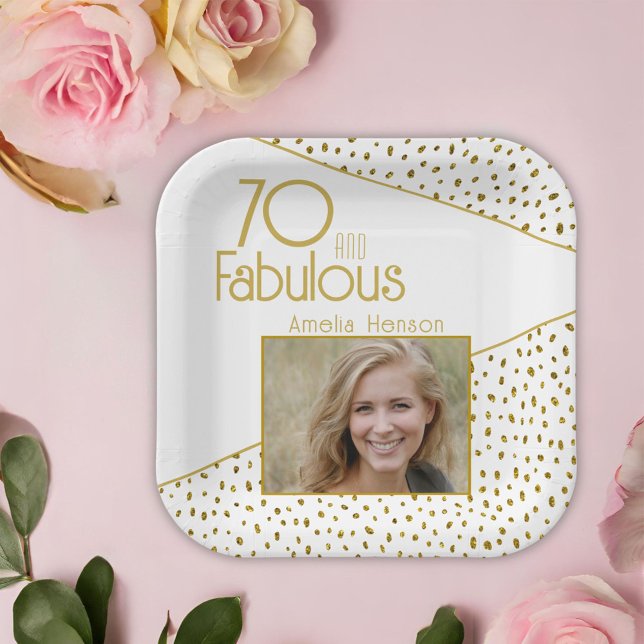 70 and Fabulous Gold Glitter Photo 70th Birthday Paper Plate (Creator Uploaded)