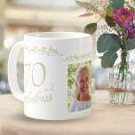 70 and Fabulous Ornament 70th Birthday Photo Coffee Mug<br><div class="desc">Elegant 70 and Fabulous Ornament 70th Birthday Photo Mug. 70 and fabulous text in trendy golden script and an elegant ornament. Personalise it with your name,  your age and photo and make personalised elegant birthday mug.</div>