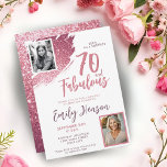 70 and Fabulous Pink Glitter 2 Photo 70th Birthday Invitation<br><div class="desc">70 and Fabulous Pink Glitter 2 Photo Surprise 70th Birthday Invitation. Throw a stunning surprise celebration with this “70 and Fabulous” pink glitter birthday invitation. Featuring a sparkly faux-glitter brush stroke, and space for two personal photos, this elegant design is perfect for honouring a fabulous woman’s milestone birthday. Fully customisable...</div>