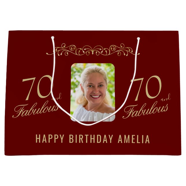 70 and Fabulous Red Ornament 70th Birthday Photo Large Gift Bag (Front)