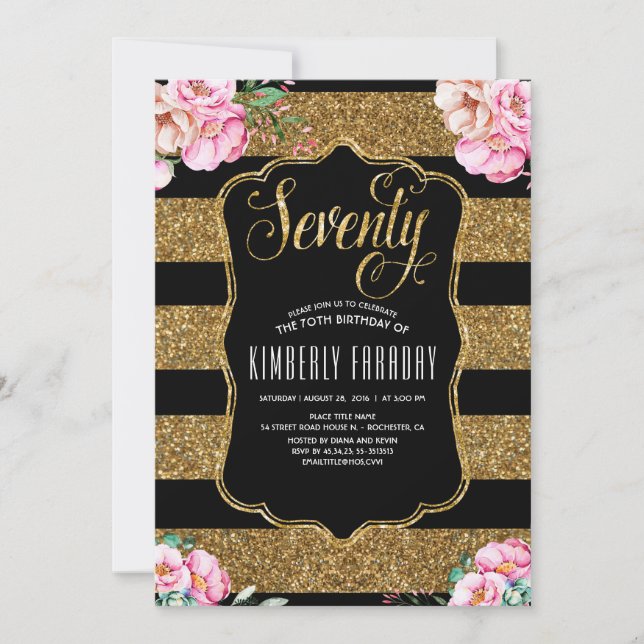 70 Birthday Party - Floral Gold Glam Invitation (Front)