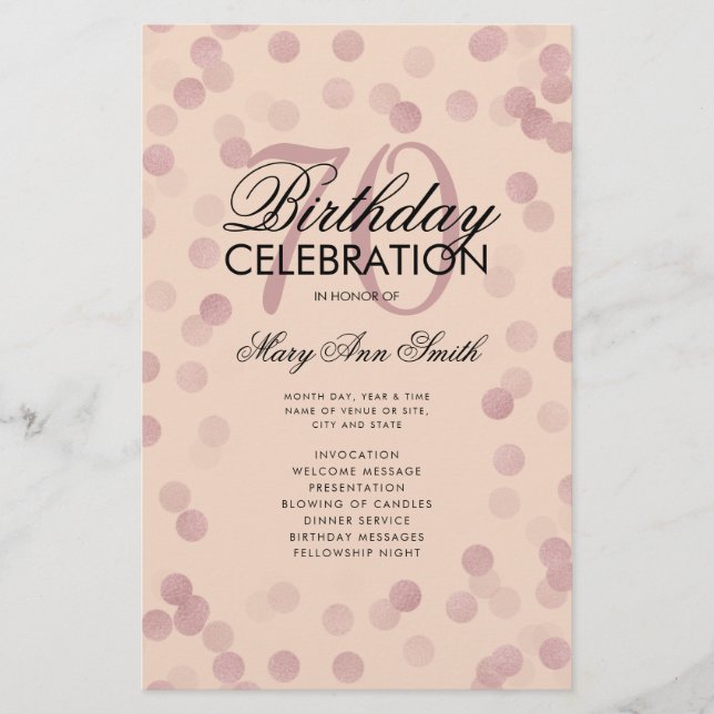 70 Birthday Program Rose Gold Confetti Menu Blush (Front)